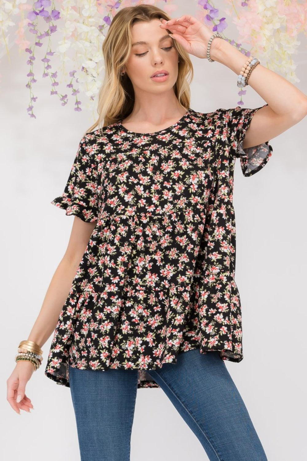Celeste Full Size Floral Ruffled Short Sleeve Blouse Carauana Store