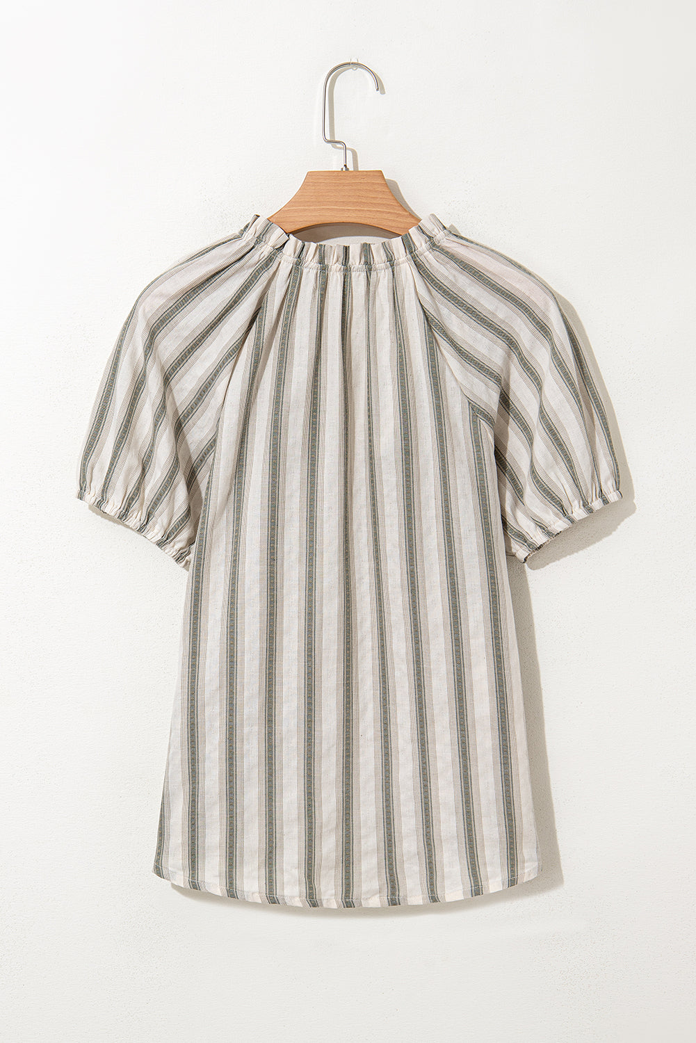 Gray Stripe Frilled Tie Neck Short Sleeve Blouse CaRaUaNa Fashion