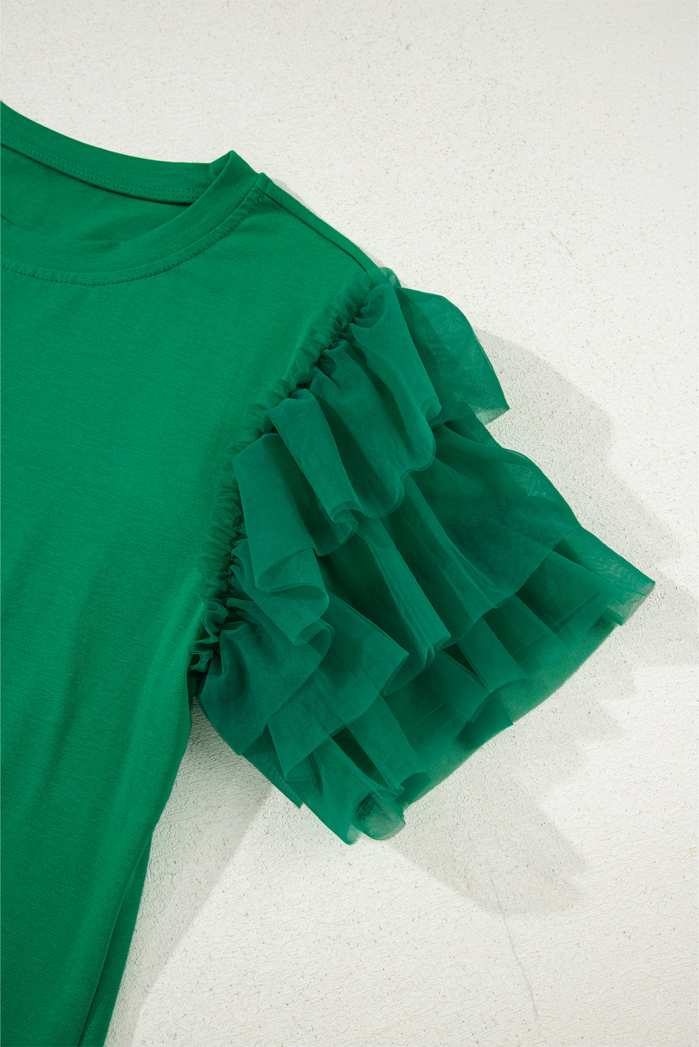 Dark Green Tulle Ruffle Sleeve Blouse