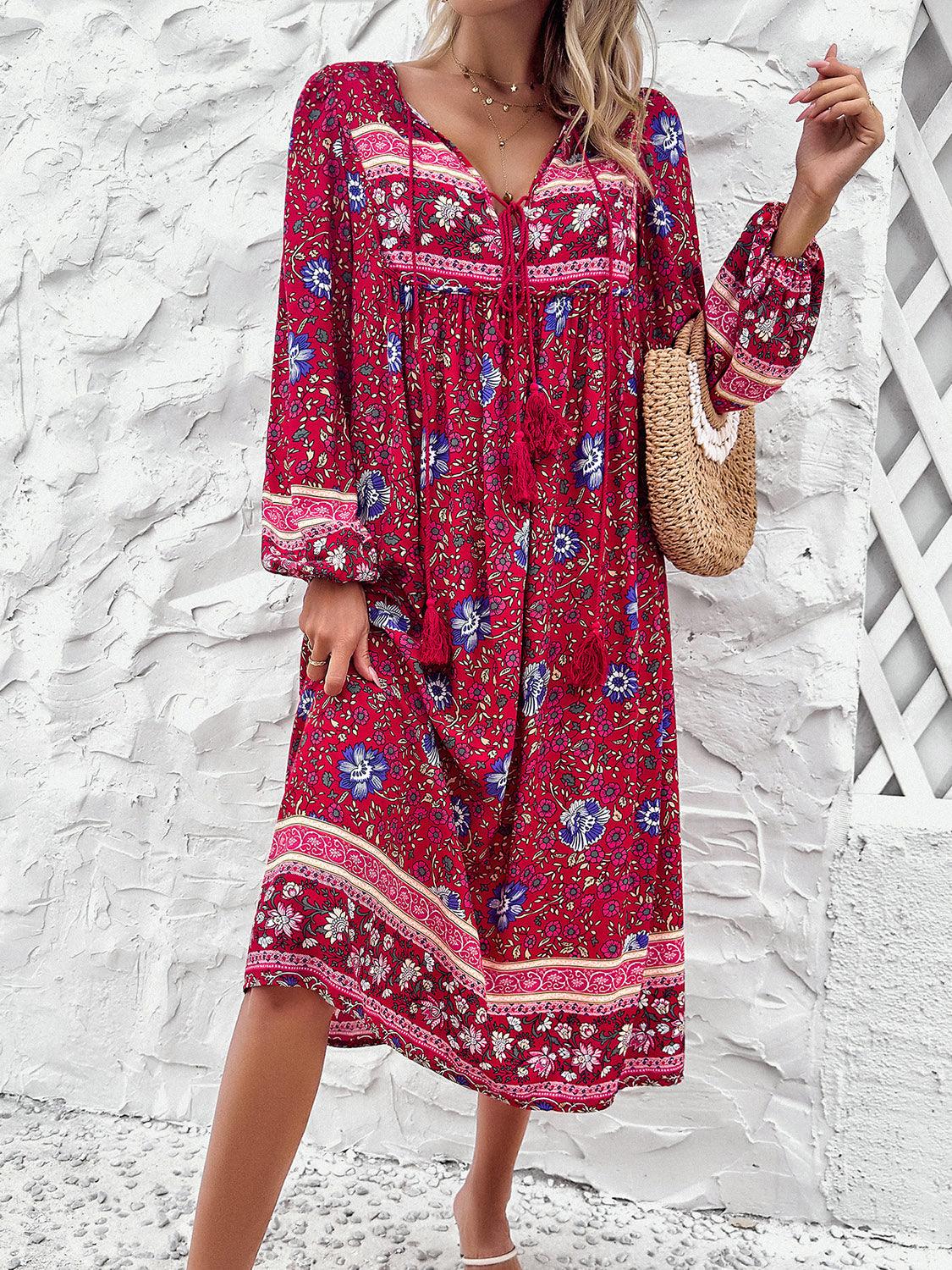 Tassel Tied Printed Long Sleeve Dress Carauana Store