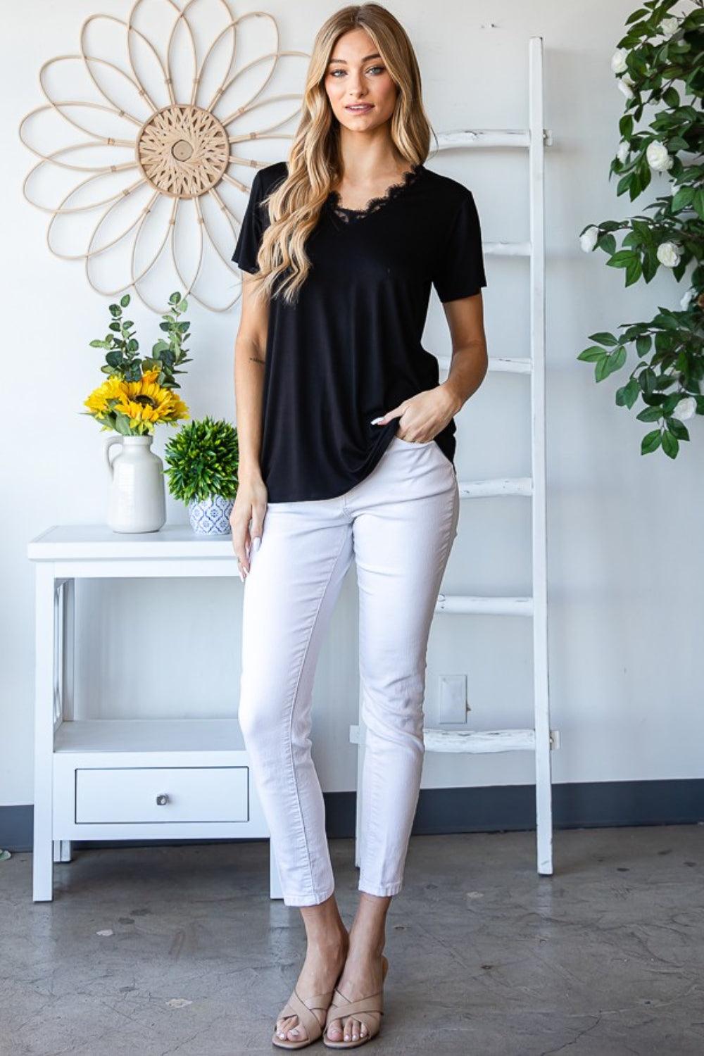 Heimish Lace Detail V-Neck Short Sleeve T-Shirt Carauana Store