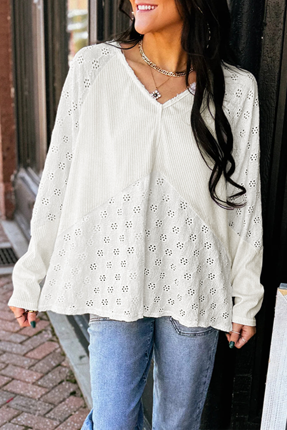 White Twisted Rib Patchwork Embroidered Loose V Neck Long Sleeve Top
