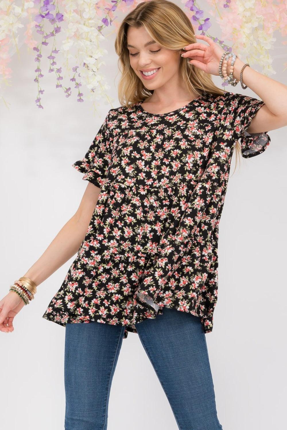Celeste Full Size Floral Ruffled Short Sleeve Blouse Carauana Store