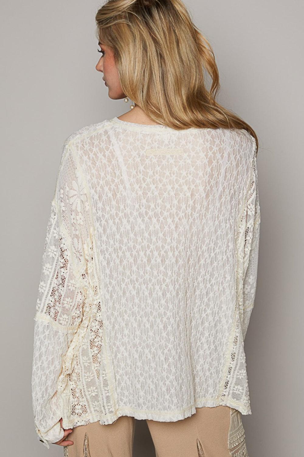 POL Round Neck Long Sleeve Raw Edge Lace Top Carauana Store