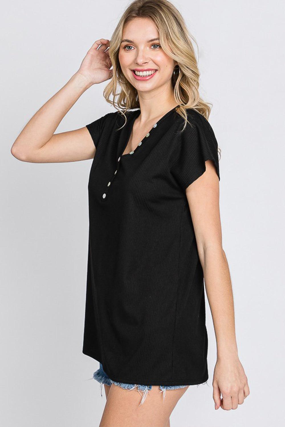 Heimish Full Size Front Button V-Neck Short Sleeve T-Shirt Carauana Store