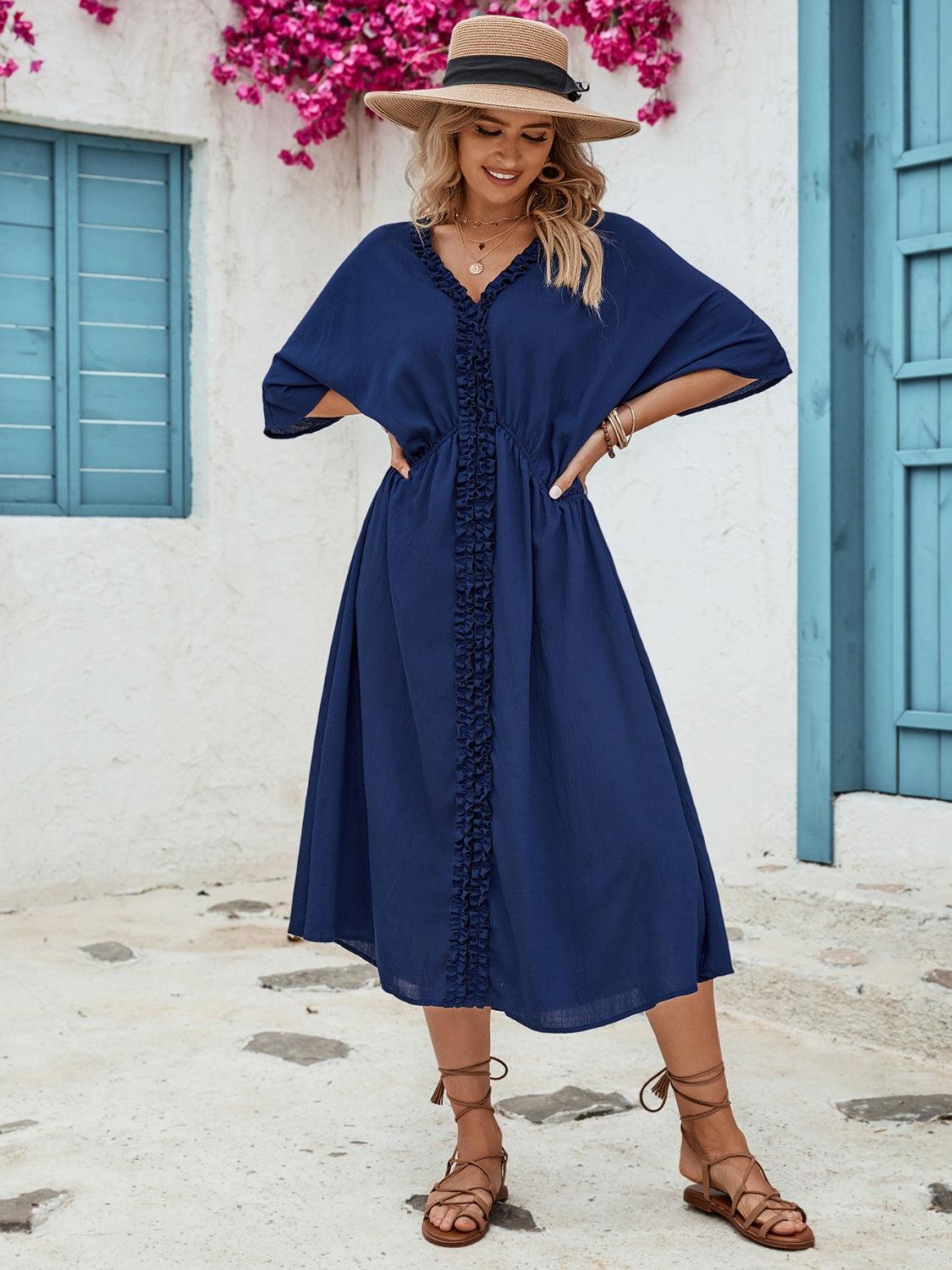 Frill Slit V-Neck Three-Quarter Sleeve Dress Carauana Store