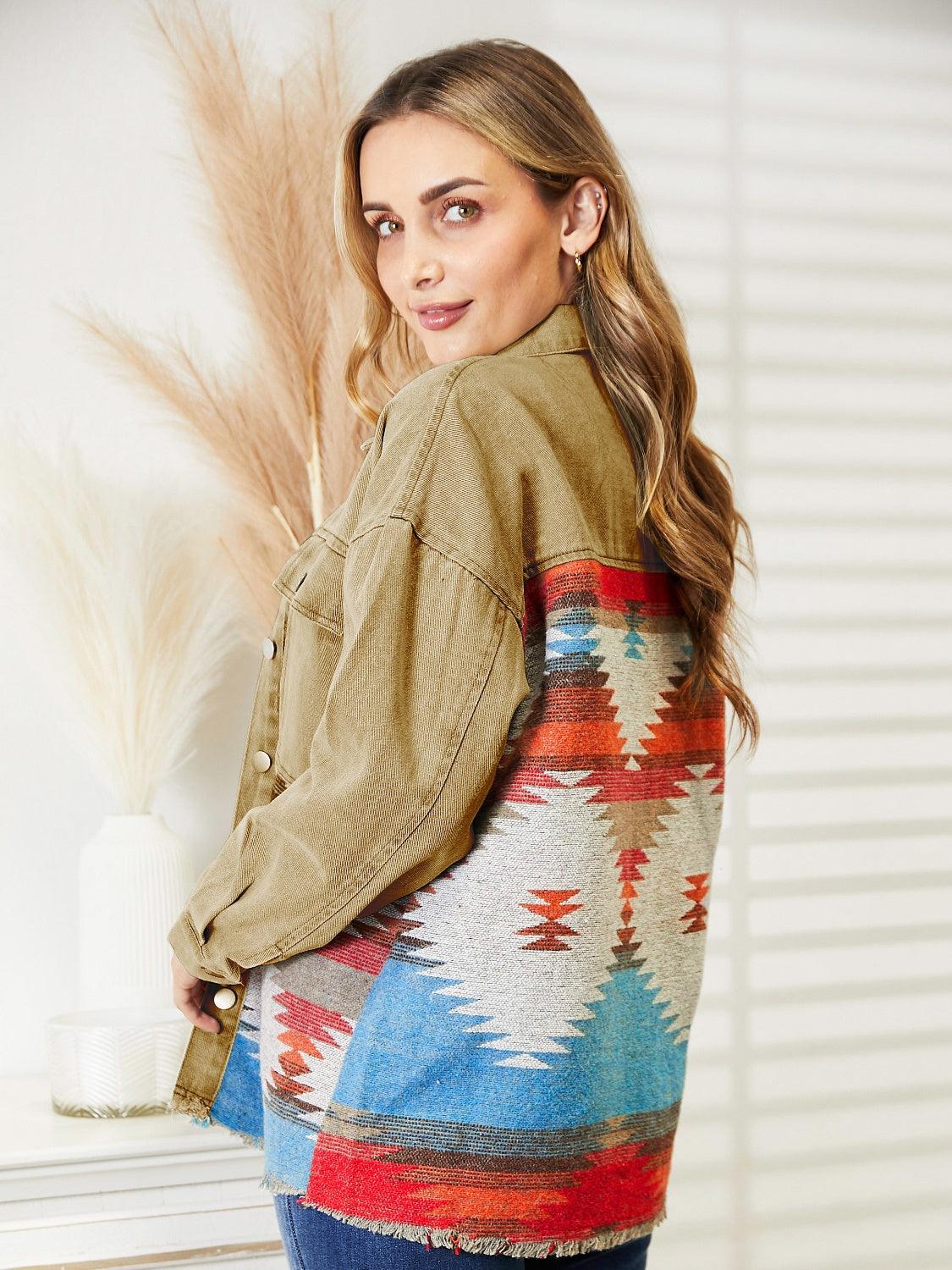 Dropped Shoulder Long Sleeve Printed Denim Jacket Carauana Store