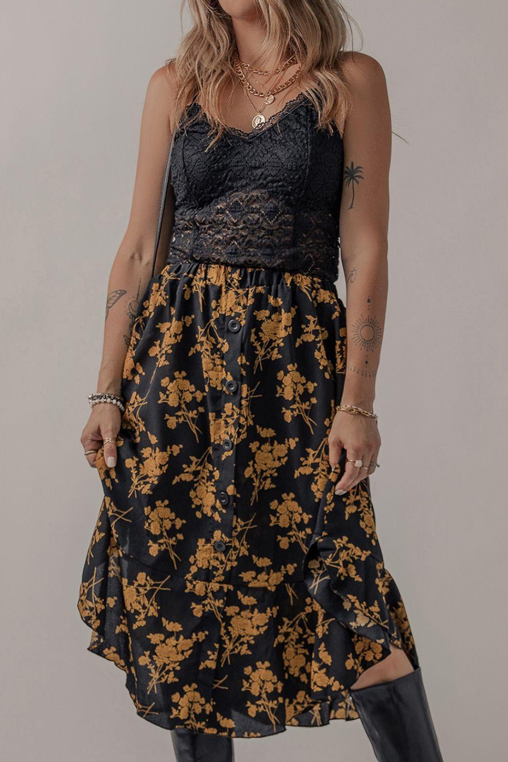 Floral Buttoned Ruffle Hem Skirt Carauana Store