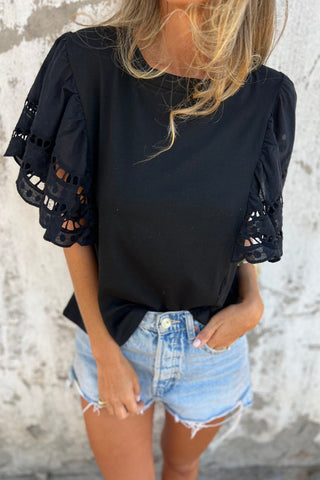 Black Hollow Out Embroidered Short Sleeve O Neck Top