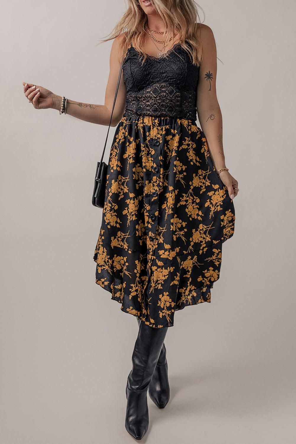 Floral Buttoned Ruffle Hem Skirt Carauana Store