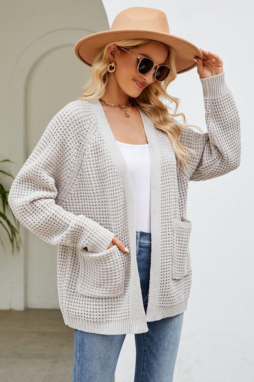 Open Front Raglan Sleeve Pocketed Cardigan Carauana Store