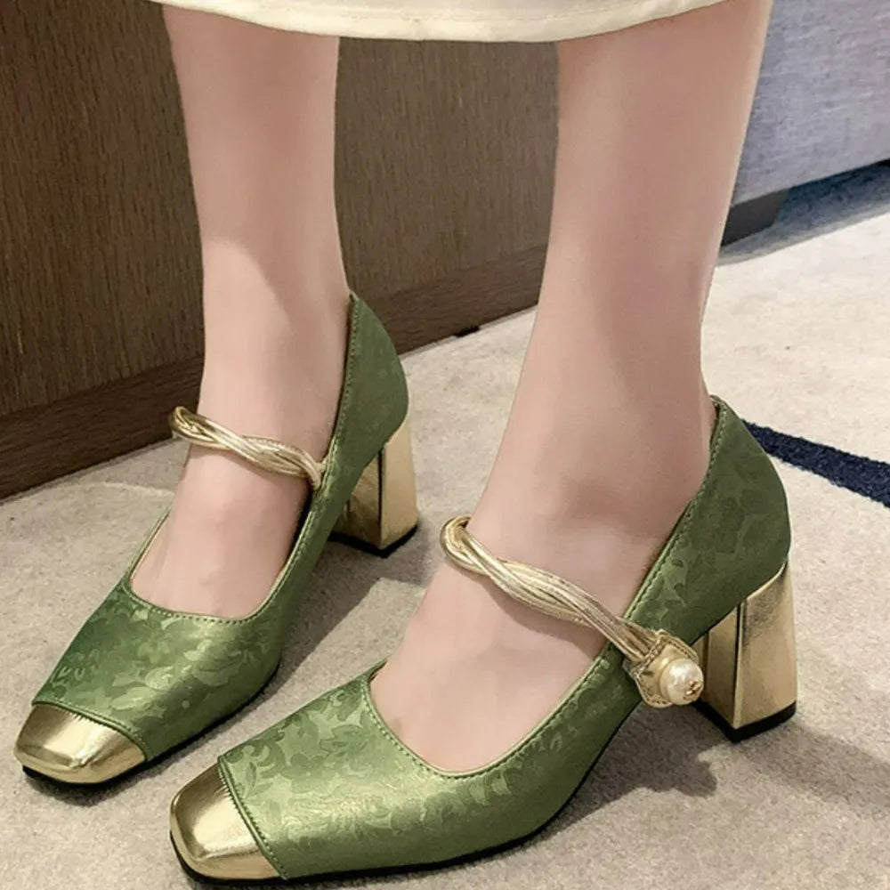 Square Toe Block Heels Pumps