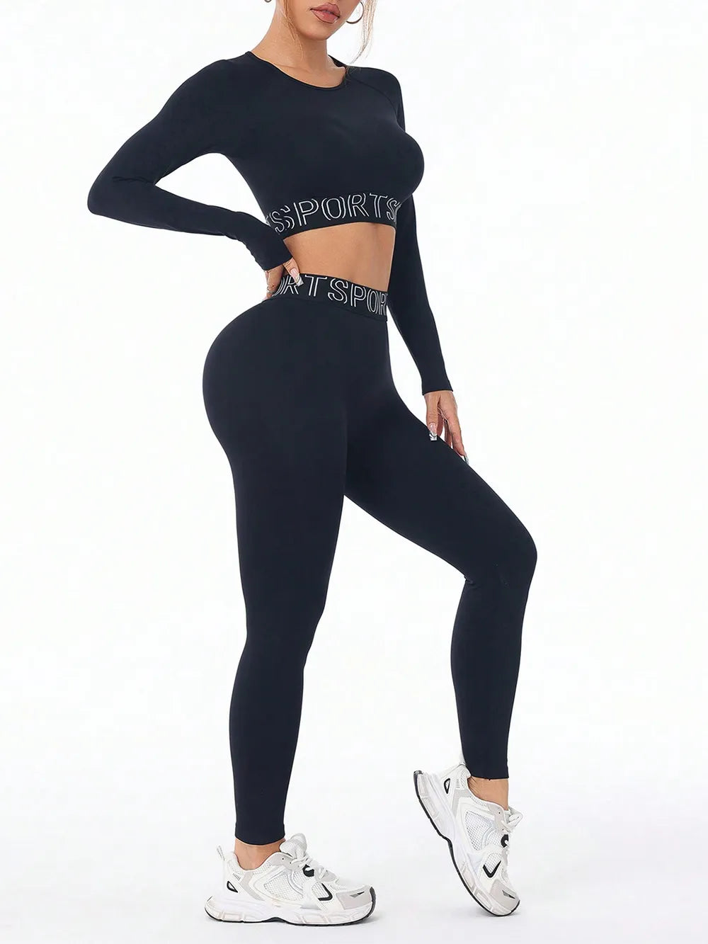 Letter Print Round Neck Long Sleeve Top and Leggings Active Set Carauana Store