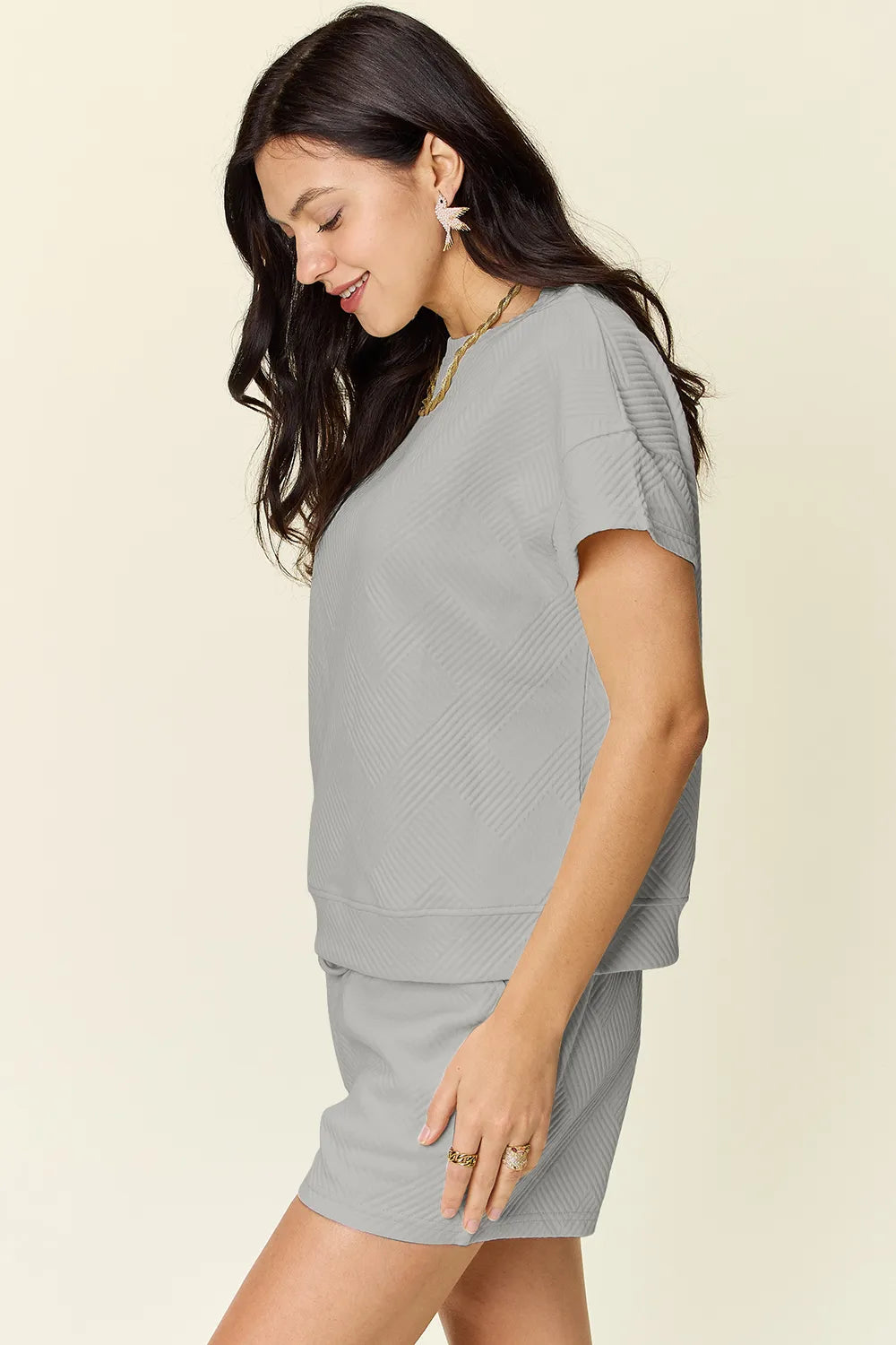 Double Take Full Size Texture Short Sleeve T-Shirt and Drawstring Shorts Set Carauana Store