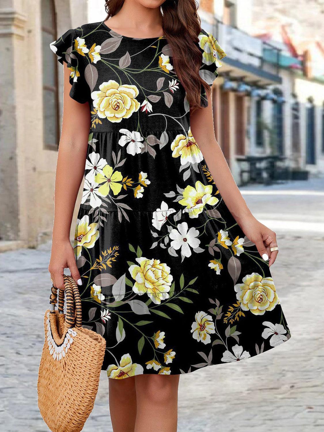 Printed Round Neck Tiered Dress Carauana Store