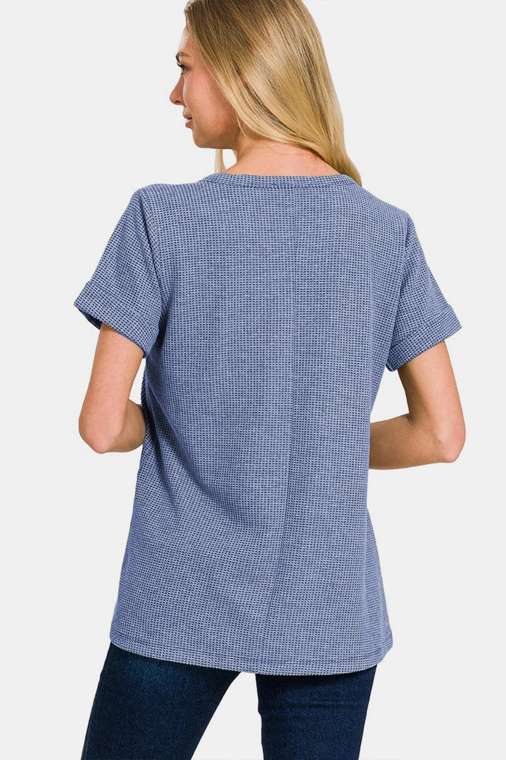 Zenana Notched Short Sleeve Waffle T-Shirt Carauana Store