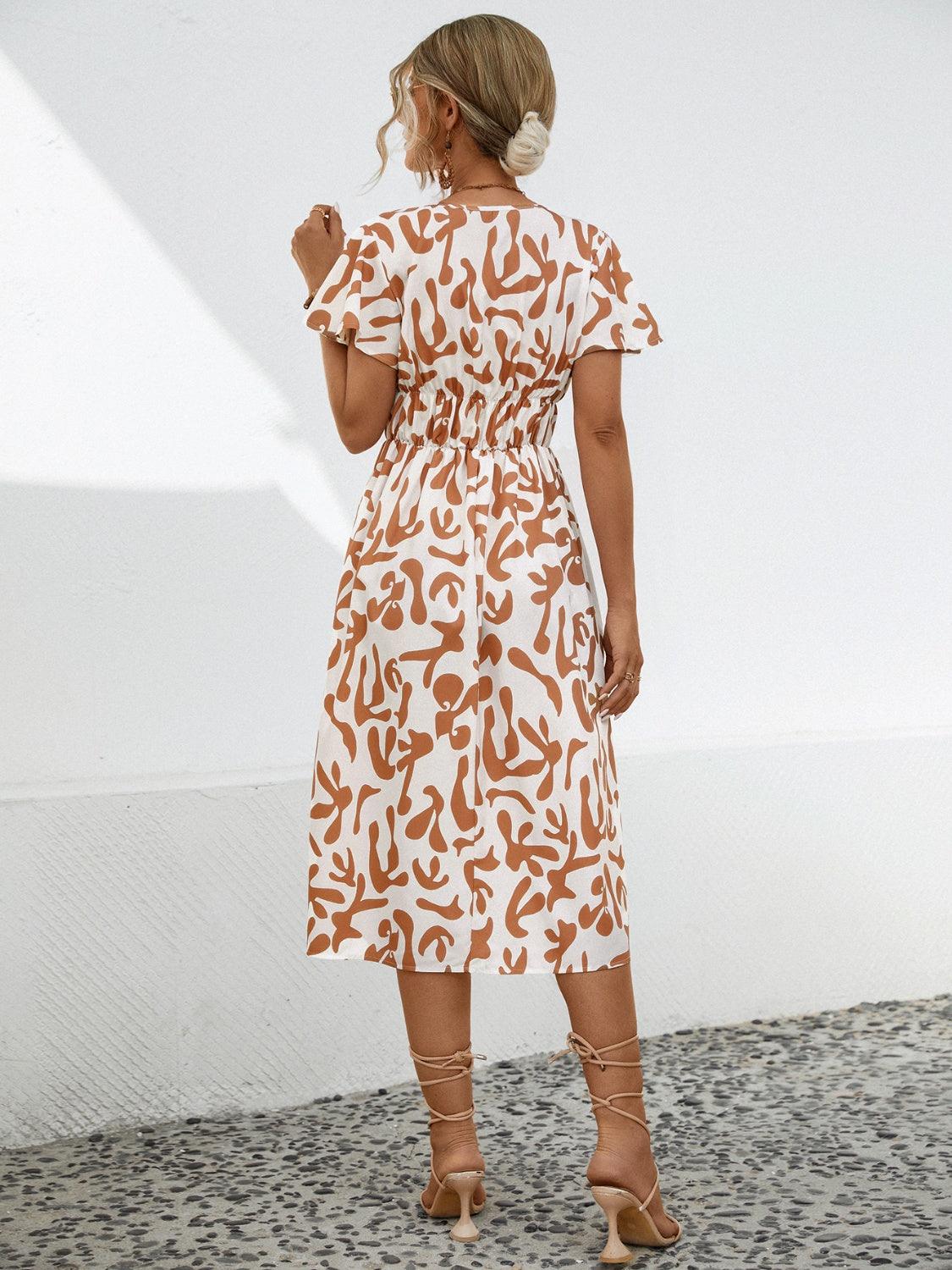 Printed V-Neck Short Sleeve Dress Carauana Store