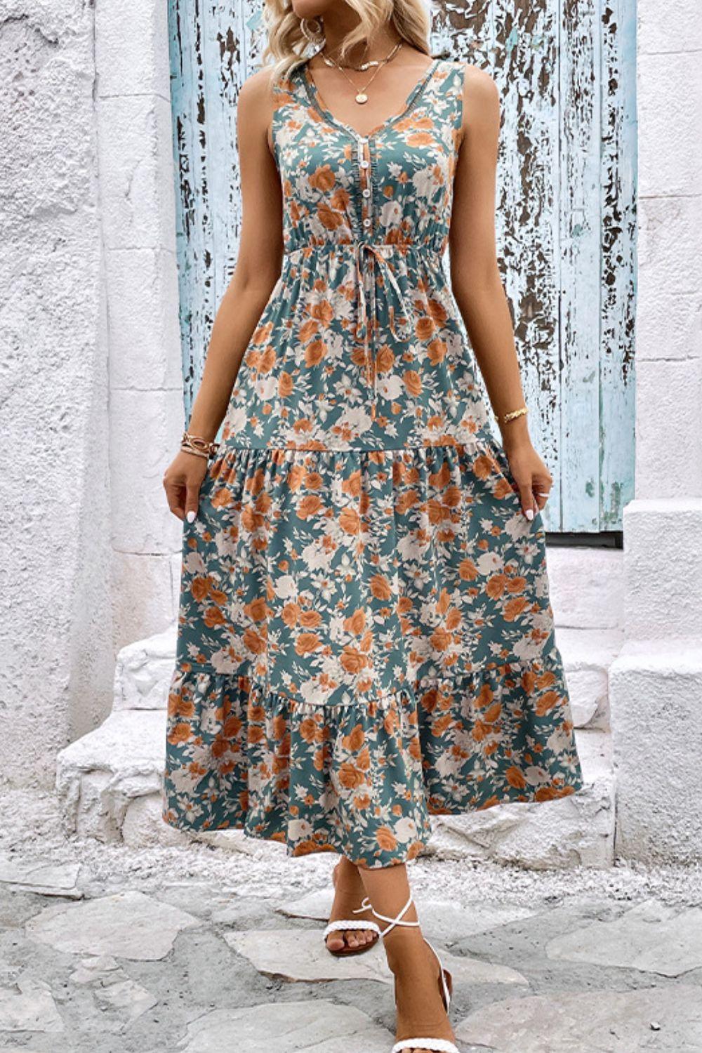 Floral V-Neck Tiered Sleeveless Dress Carauana Store