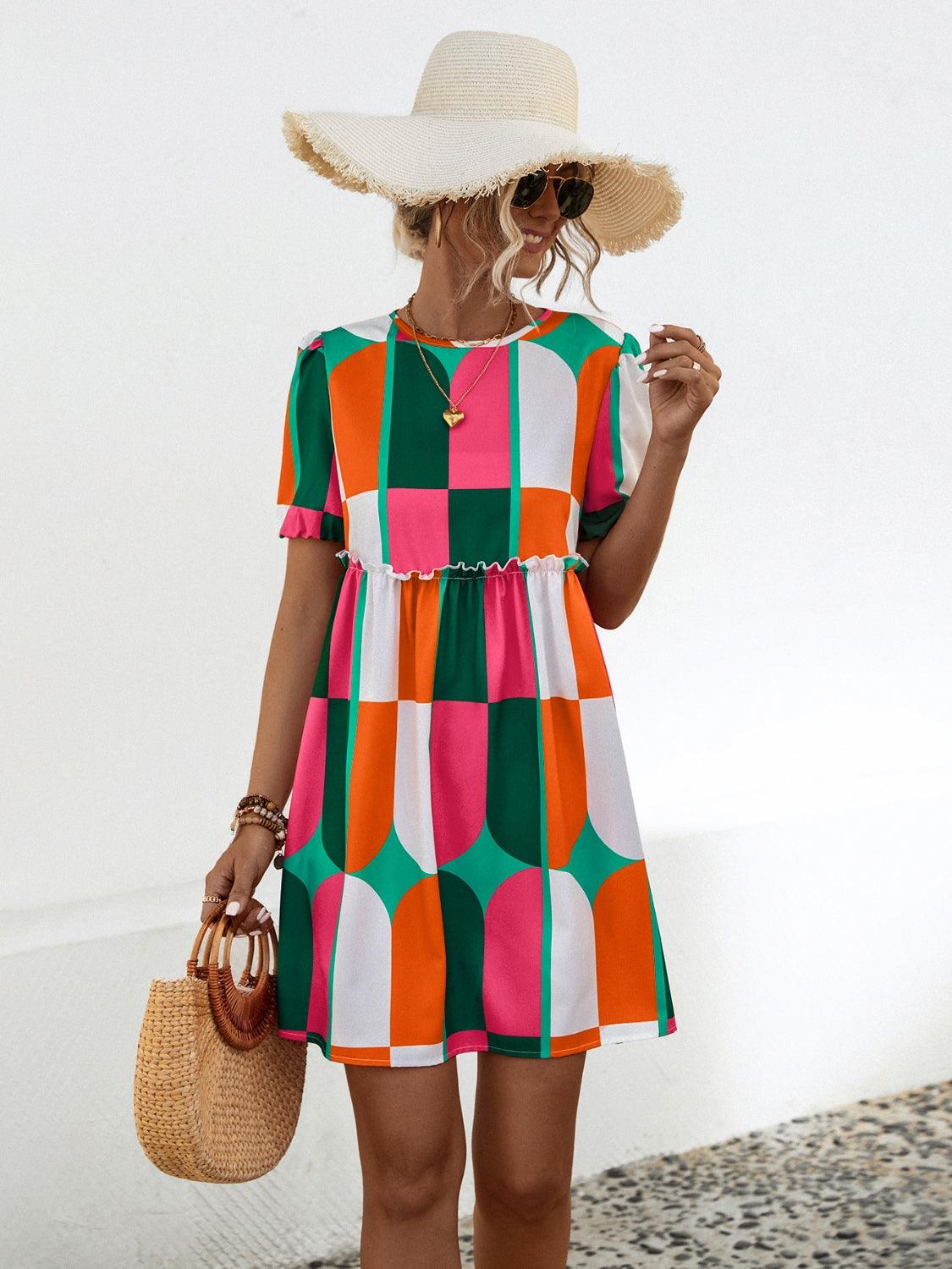 Geometric Frill Round Neck Short Sleeve Dress Carauana Store