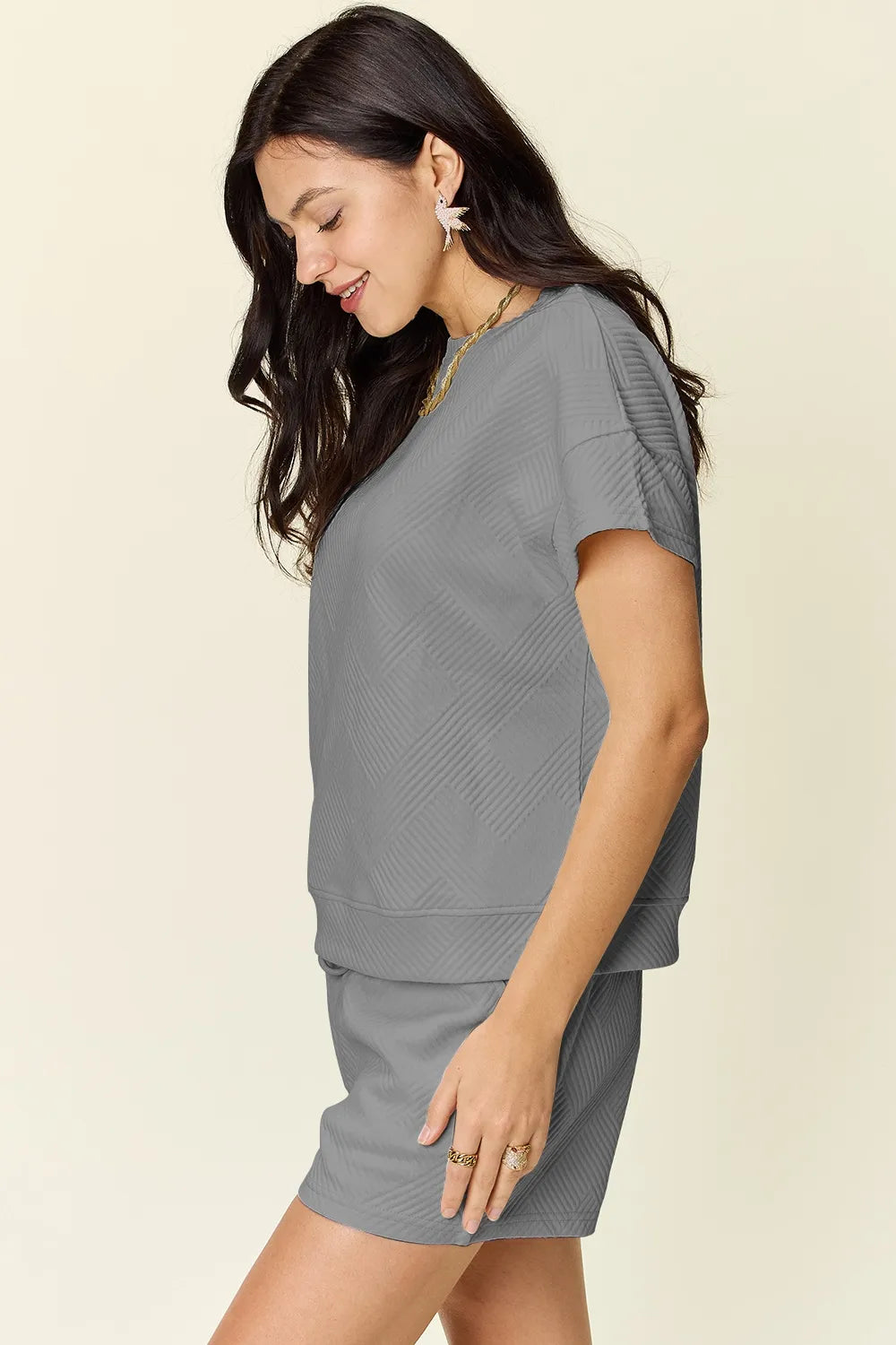 Double Take Full Size Texture Short Sleeve T-Shirt and Drawstring Shorts Set Carauana Store