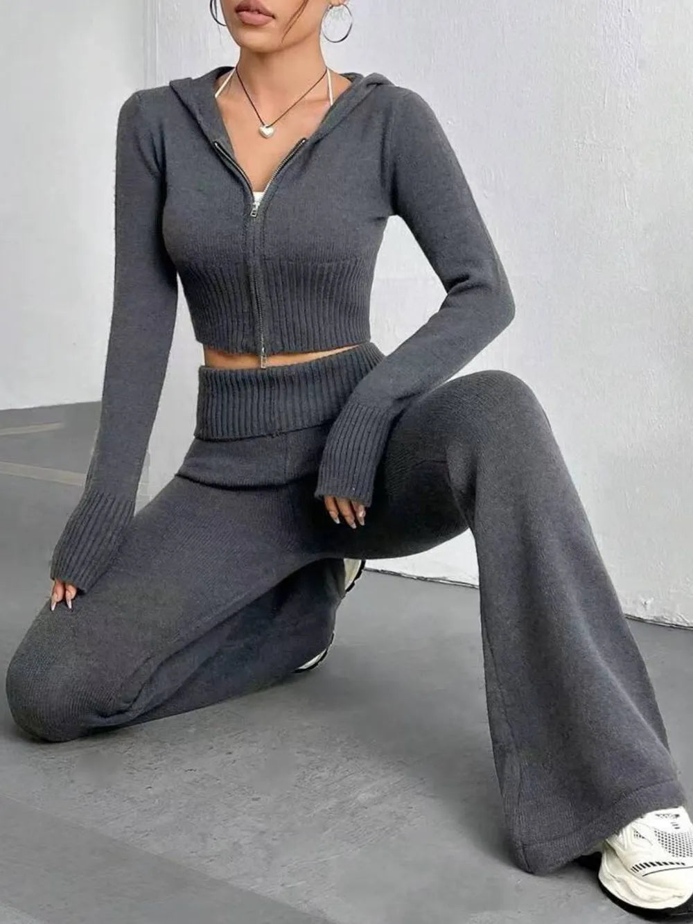 Zip Up Hooded Top and Flare Pants Sweater Set Carauana Store