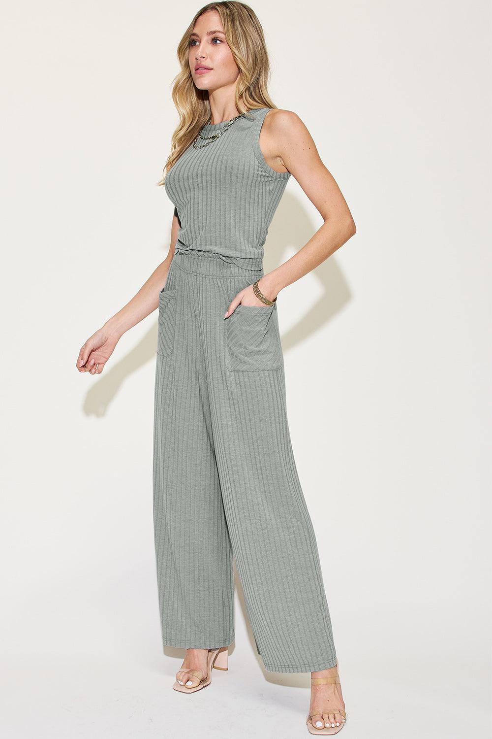 Basic Bae Full Size Ribbed Tank and Wide Leg Pants Set Carauana Store