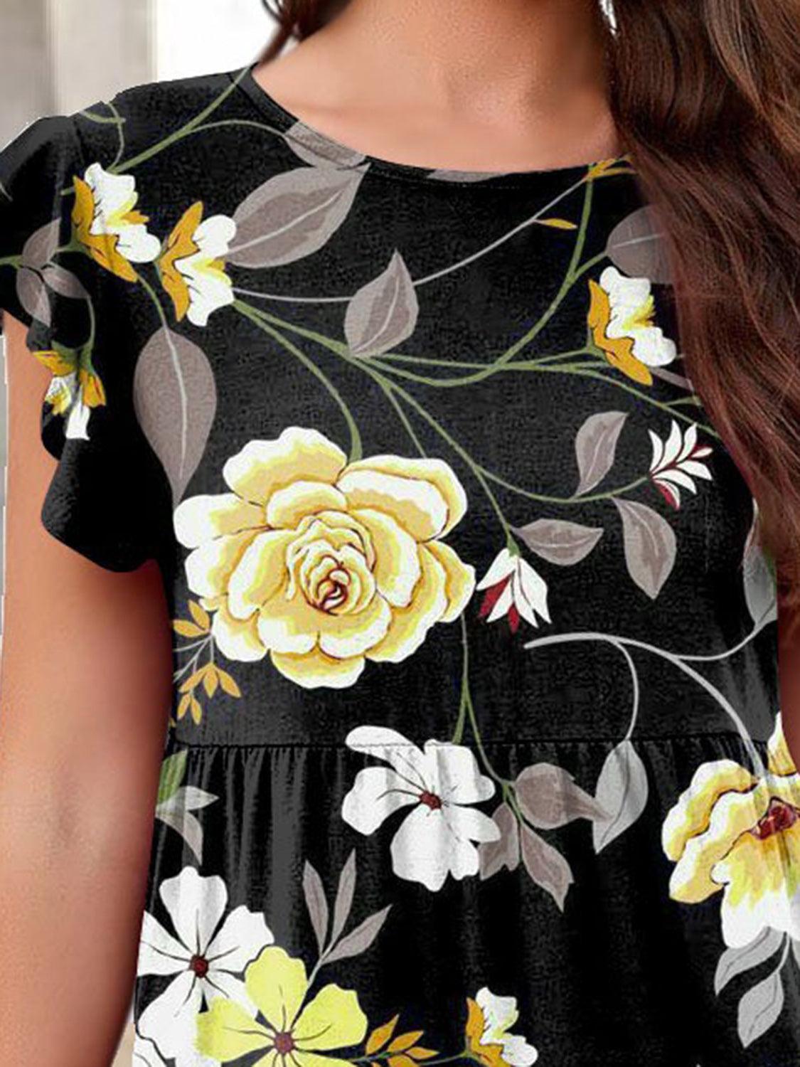 Printed Round Neck Tiered Dress Carauana Store