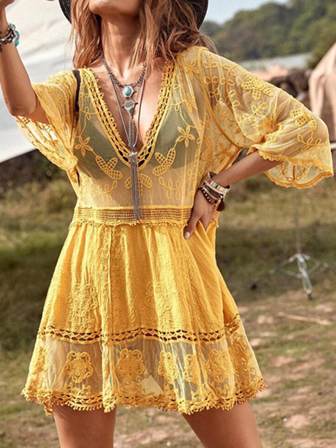 Lace Detail Plunge Cover-Up Dress Carauana Store
