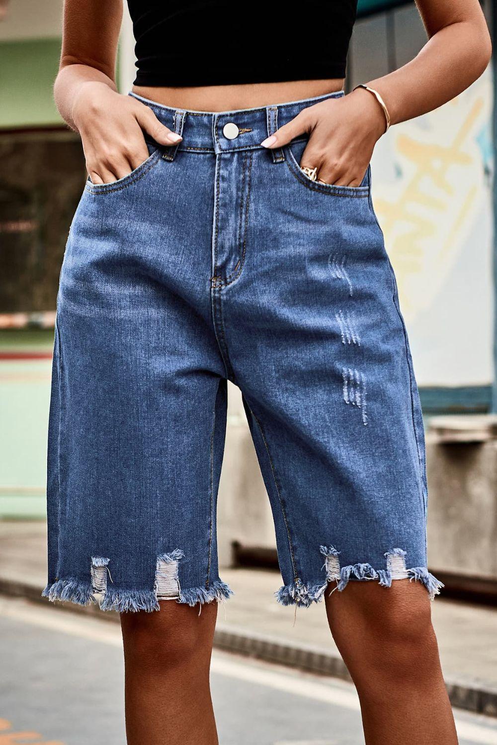 Raw Hem High Waist Denim Shorts with Pockets Carauana Store