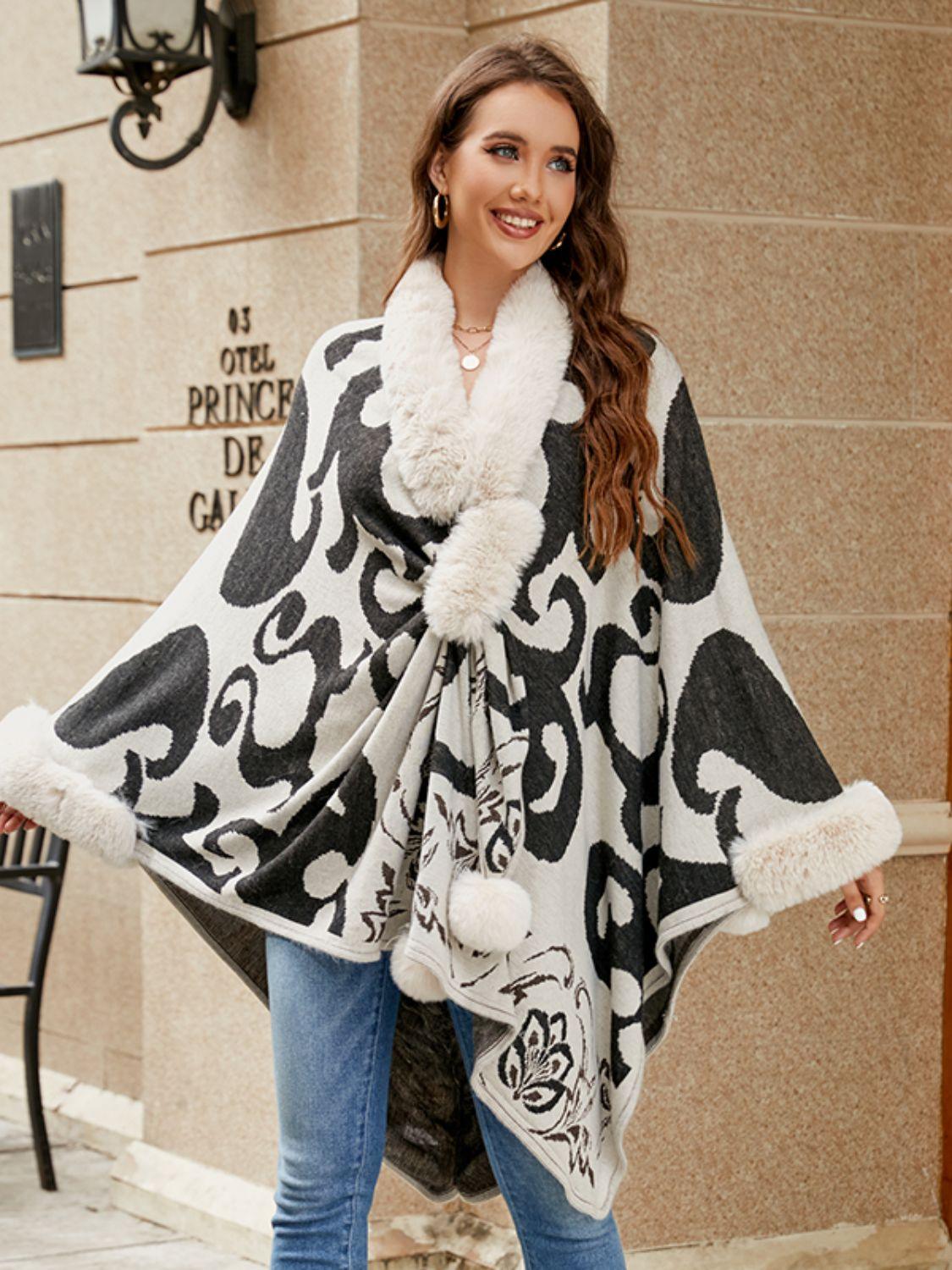 Faux Fur Trim Poncho Carauana Store