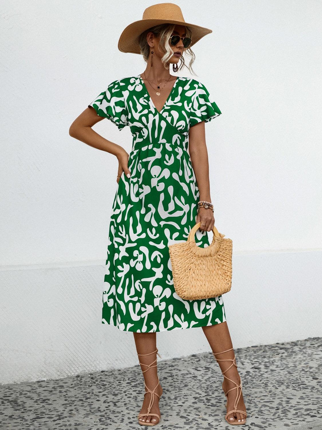 Printed V-Neck Short Sleeve Dress Carauana Store