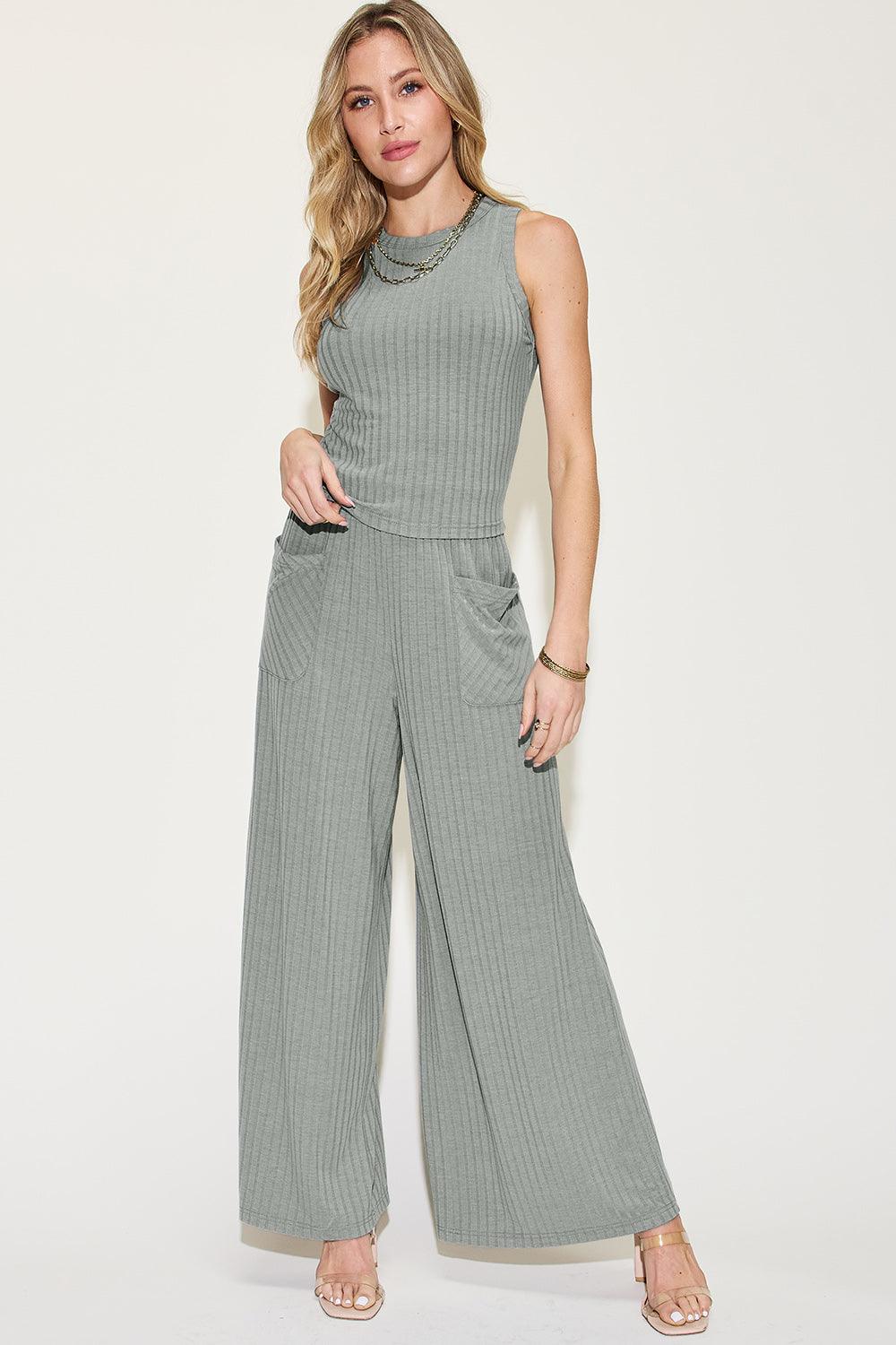 Basic Bae Full Size Ribbed Tank and Wide Leg Pants Set Carauana Store