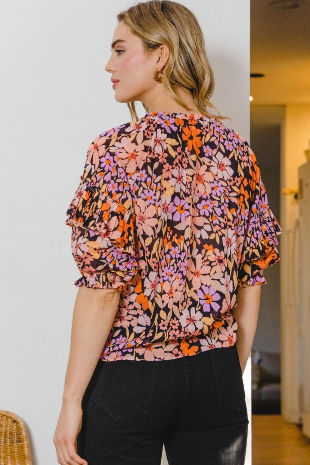 ODDI Full Size Floral Tie Neck Ruffled Blouse Carauana Store