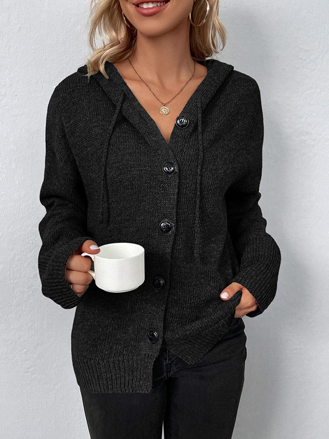 Drawstring Button Up Hooded Cardigan Carauana Store
