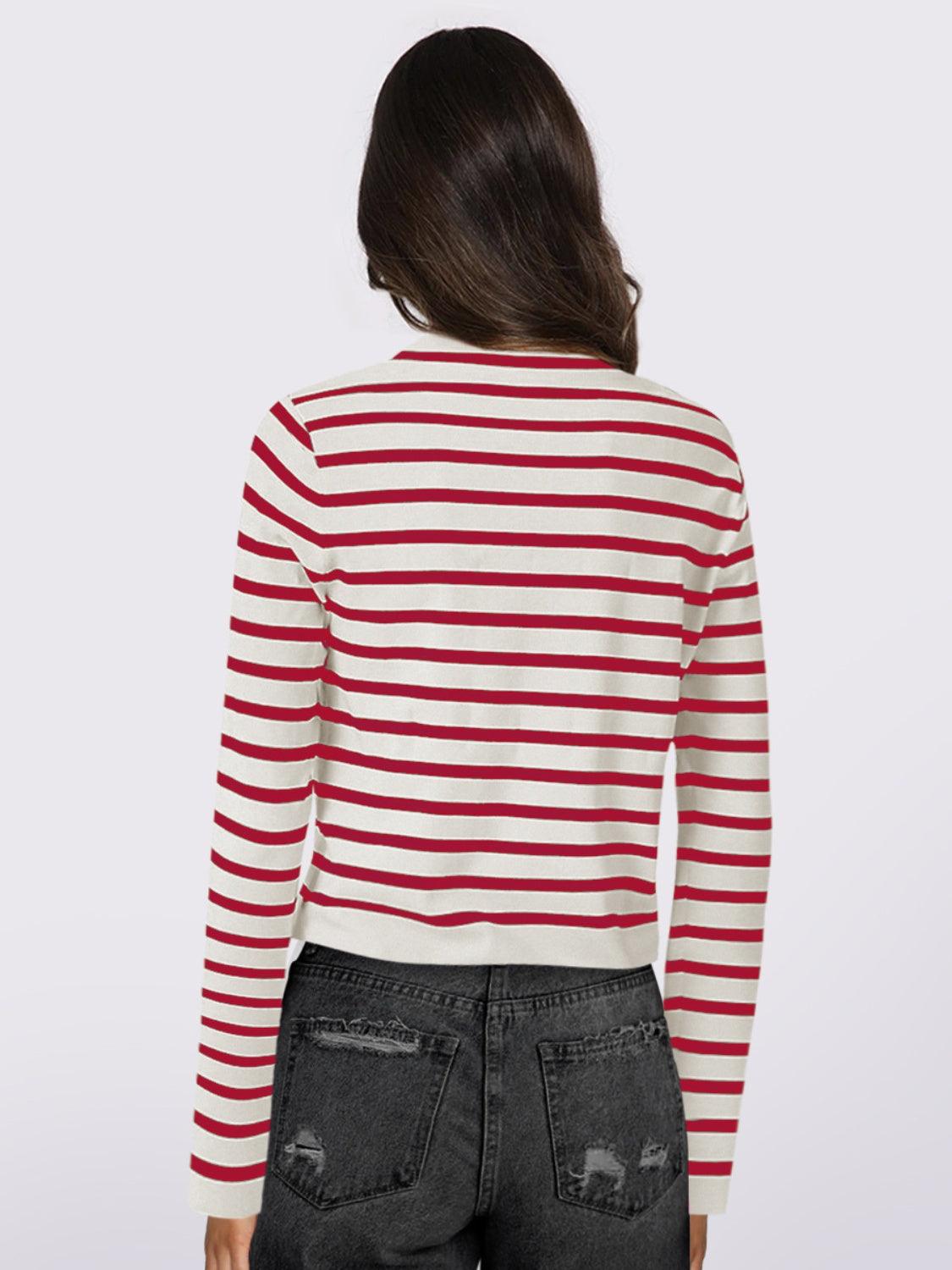 Striped Round Neck Button Up Long Sleeve Cardigan Carauana Store