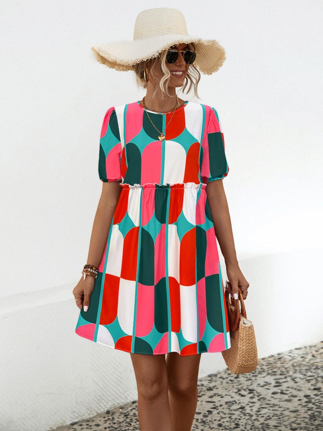Geometric Frill Round Neck Short Sleeve Dress Carauana Store