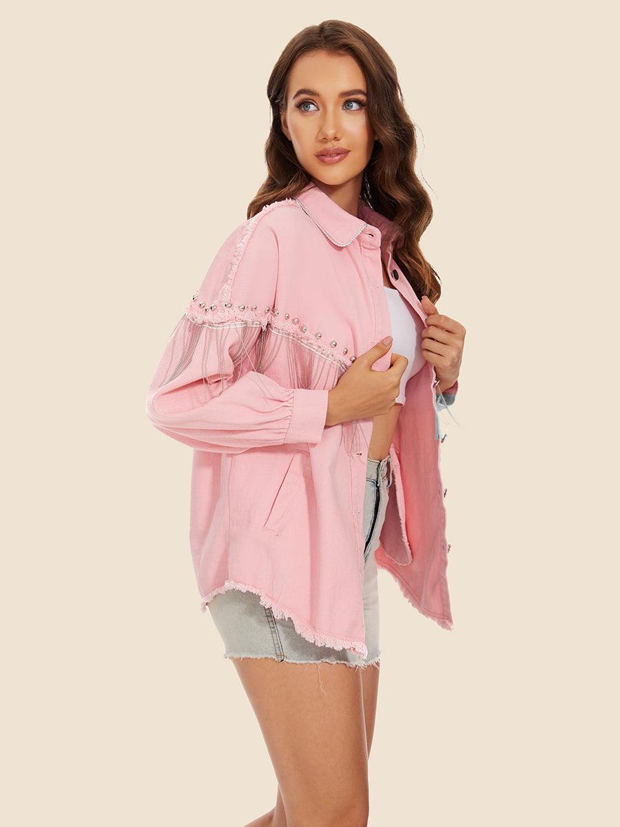Raw Hem Fringe Detail Denim Jacket Carauana Store