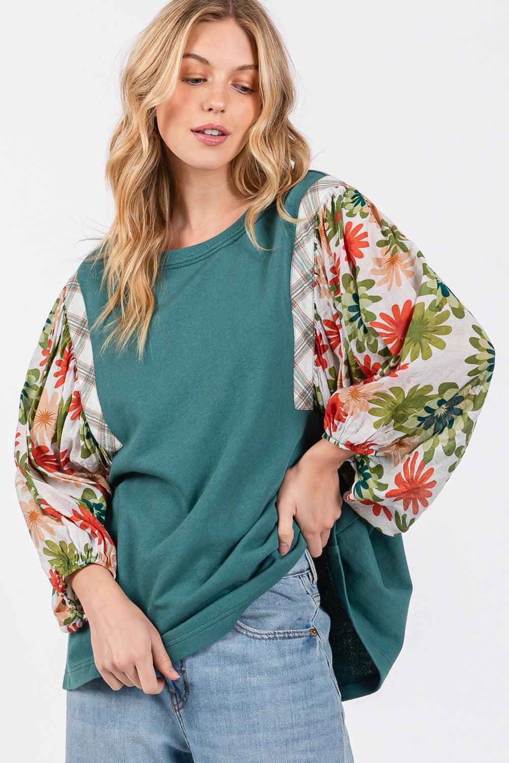SAGE + FIG Full Size Printed Balloon Sleeve Contrast Top Carauana Store