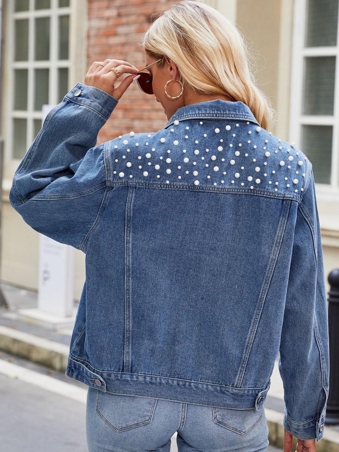 Pearl Detail Collared Neck Long Sleeve Denim Jacket Carauana Store