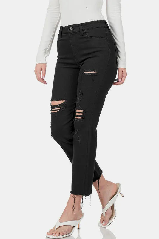 Zenana Distressed Raw Hem Cropped Jeans Carauana Store
