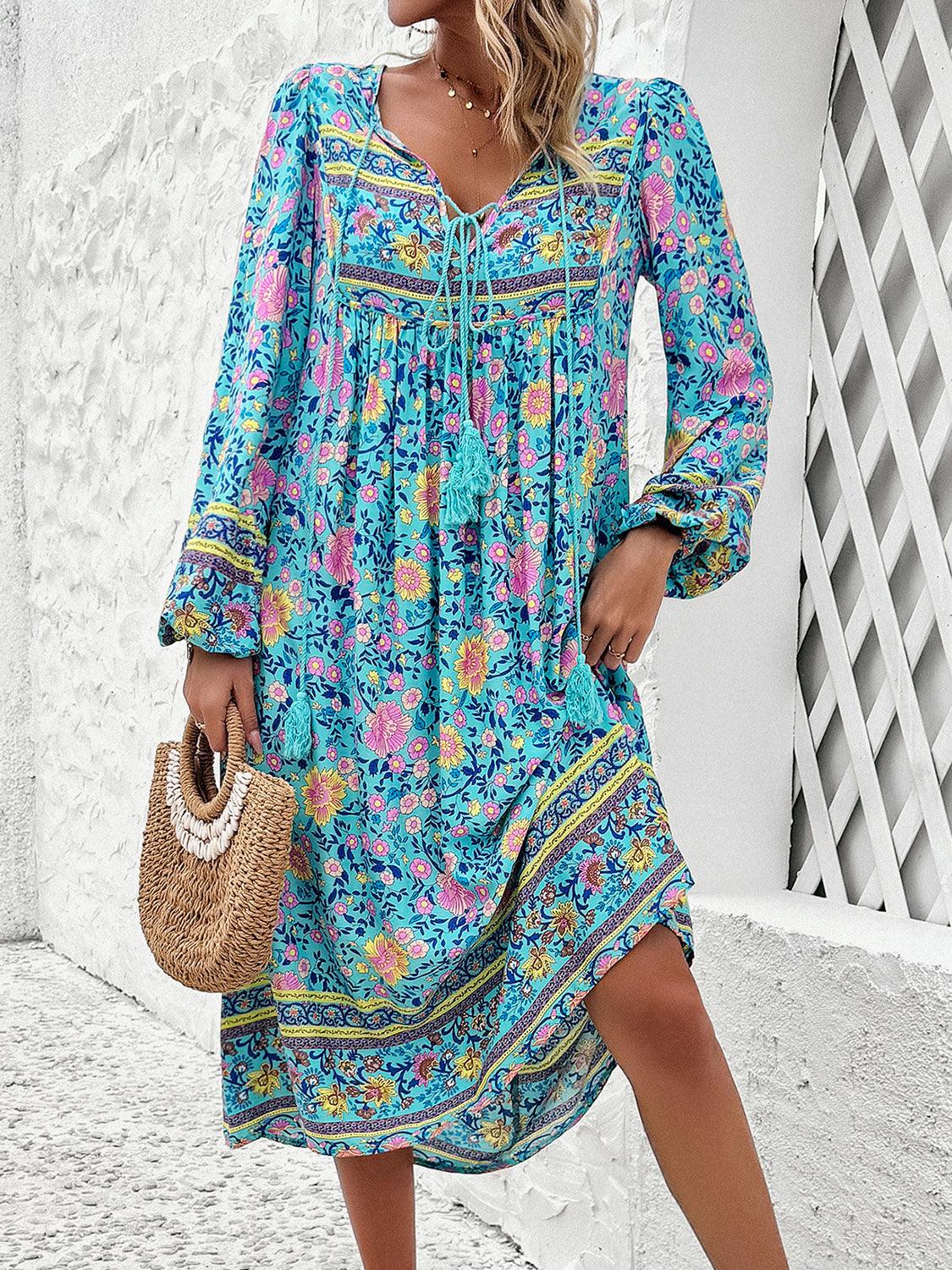 Tassel Tied Printed Long Sleeve Dress Carauana Store