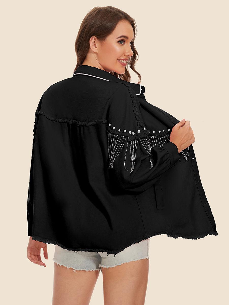 Raw Hem Fringe Detail Denim Jacket Carauana Store