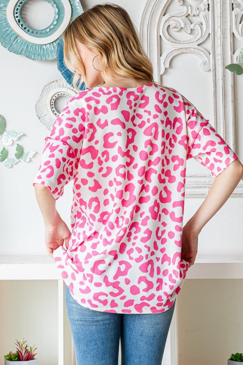 Heimish Full Size Leopard Exposed Seam Short Sleeve Top Carauana Store