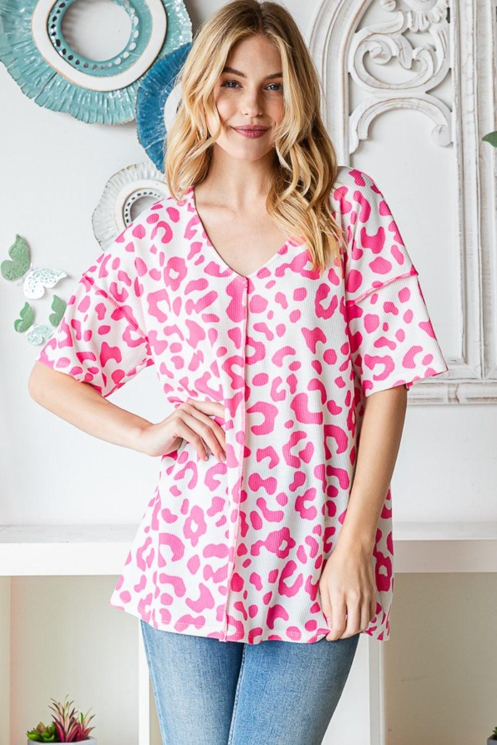 Heimish Full Size Leopard Exposed Seam Short Sleeve Top Carauana Store