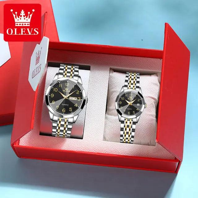 OLEVS Dance of Time: Stainless Steel Elegance with Eternal Calendars Couple's Watches Box Set Carauana Store