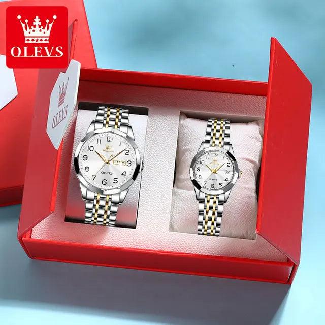 OLEVS Dance of Time: Stainless Steel Elegance with Eternal Calendars Couple's Watches Box Set Carauana Store
