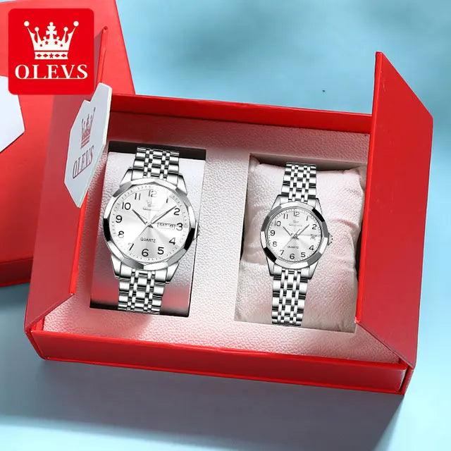 OLEVS Dance of Time: Stainless Steel Elegance with Eternal Calendars Couple's Watches Box Set Carauana Store