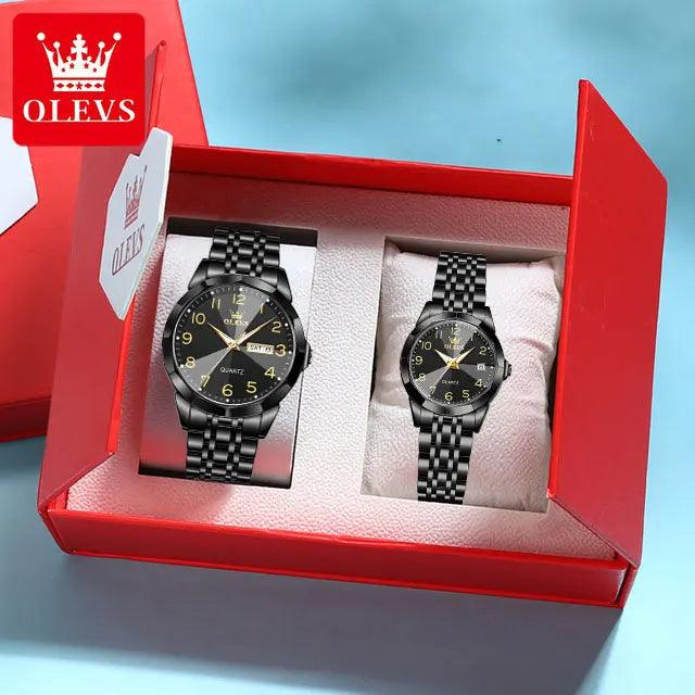 OLEVS Dance of Time: Stainless Steel Elegance with Eternal Calendars Couple's Watches Box Set Carauana Store