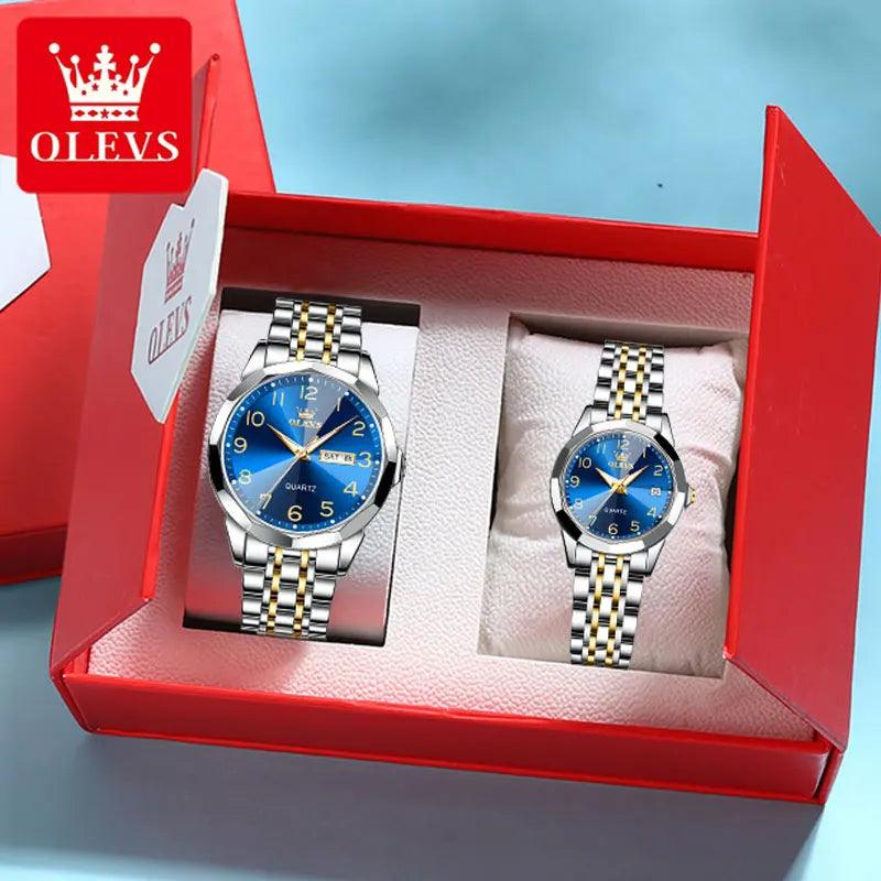 OLEVS Dance of Time: Stainless Steel Elegance with Eternal Calendars Couple's Watches Box Set Carauana Store
