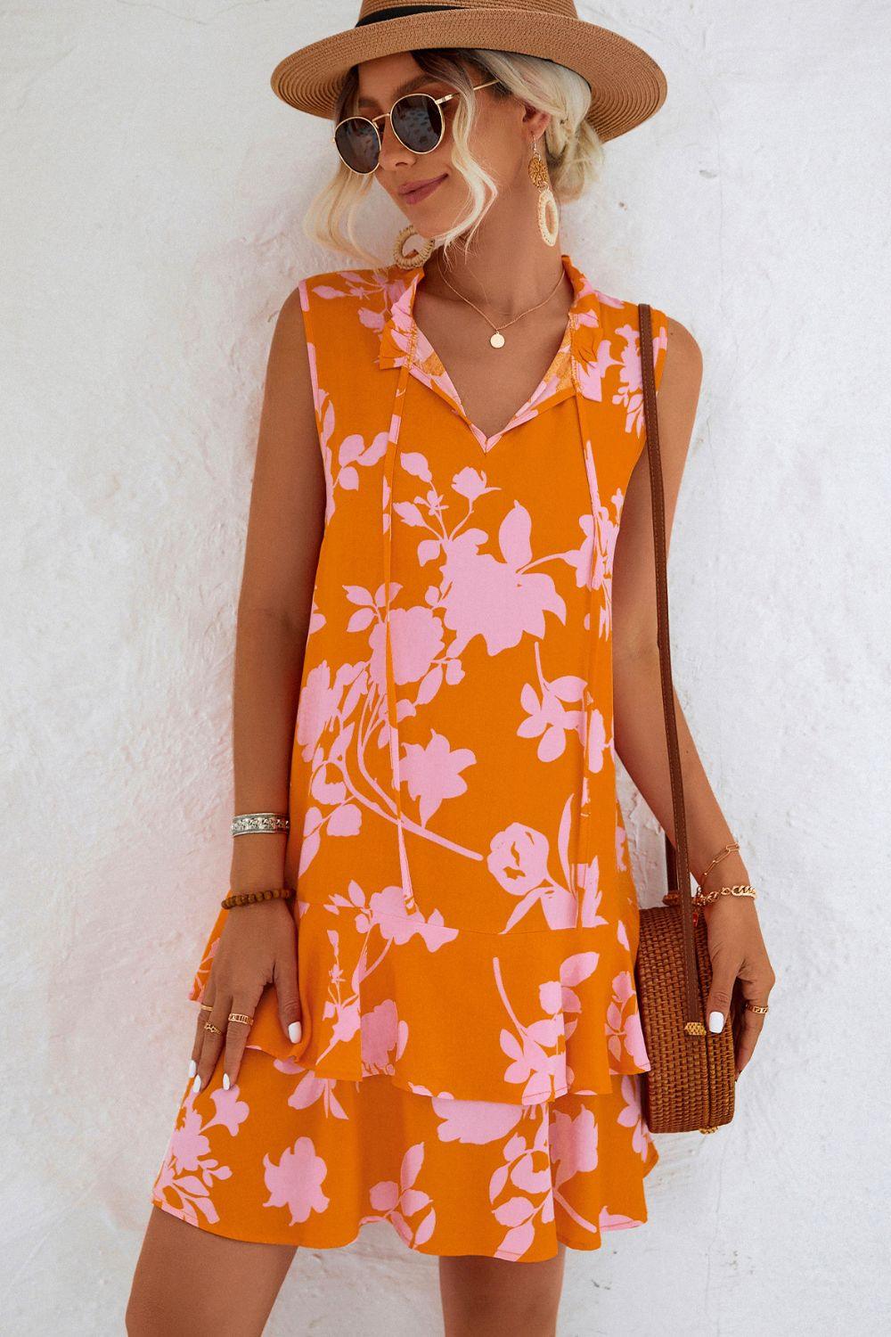 Printed Tie Neck Sleeveless Dress Carauana Store